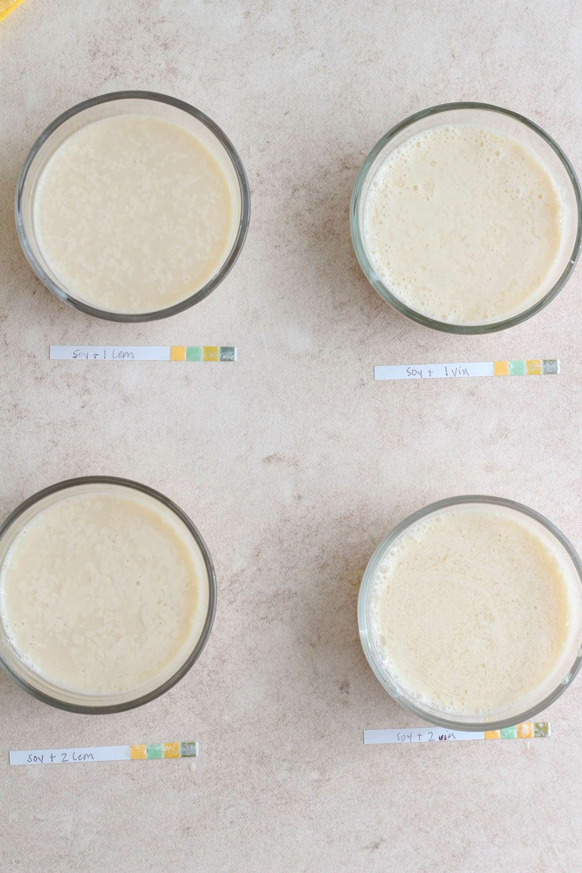 Soy milk in four bowls mixed with lemon or vinegar with pH strips in front.