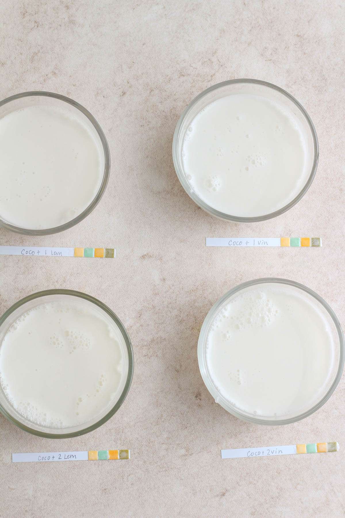 Coconut milk in four bowls mixed with lemon or vinegar with pH strips in front.