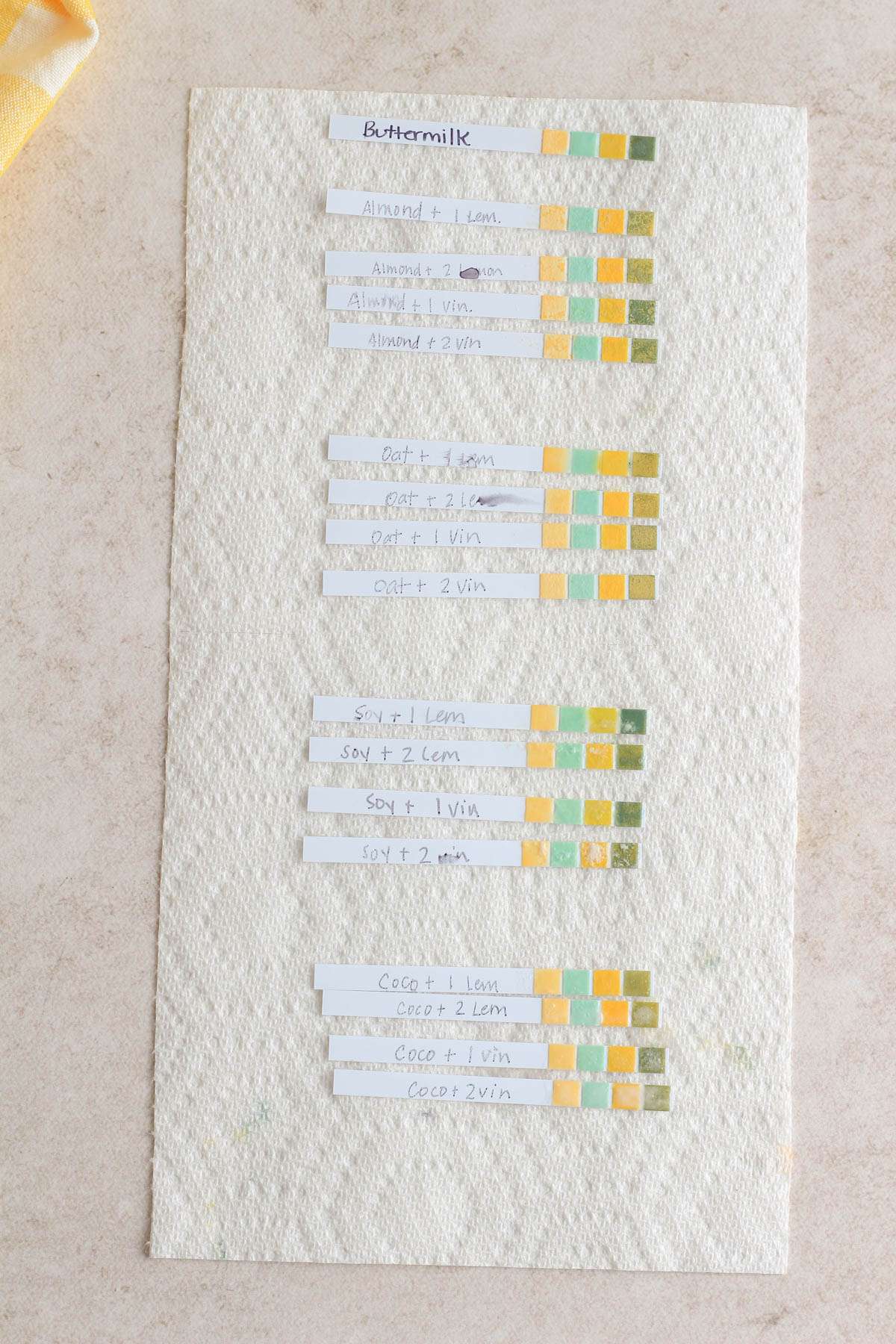 A paper towel with a line up of the different pH strips used in the testing process.