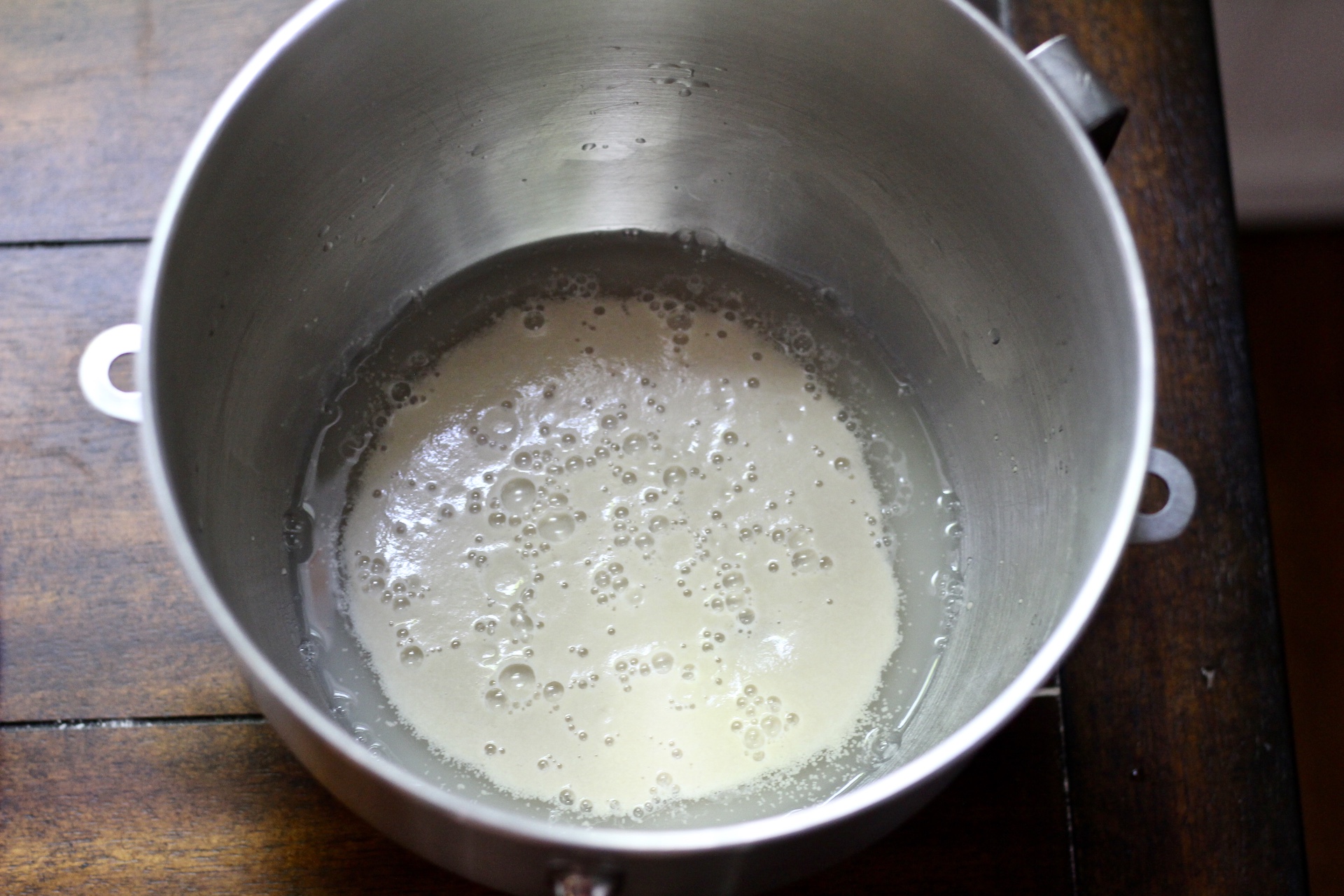 Silver bowl with bubbling yeast.
