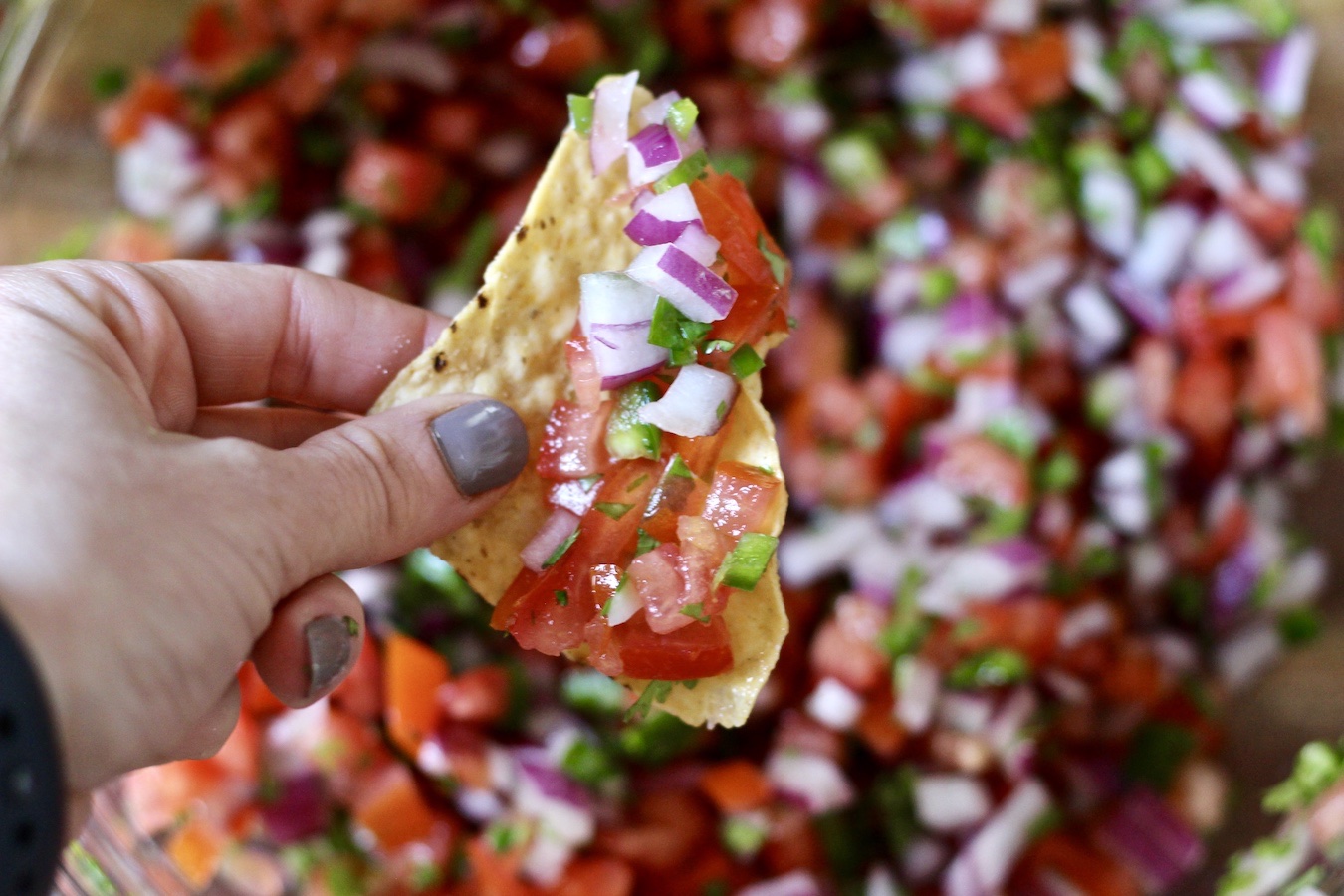 Bowl of Pico de Gallo with a chip holding Pico de Gallo.