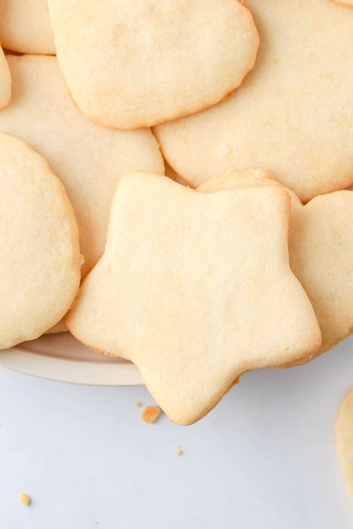 A close up of a white plate with a star cut out sugar cookie.