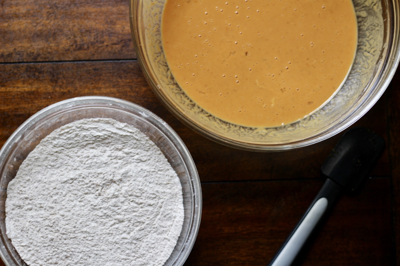 One medium sized bowl on the left of the picture with the flour mixture. One large bowl on the right of the picture with the pumpkin mixture.