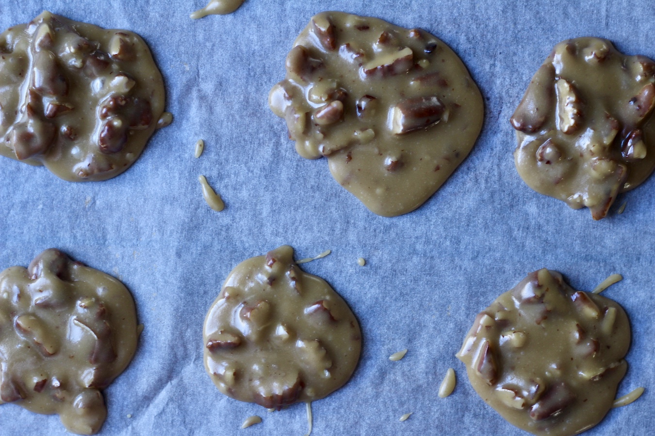 Six pecan praline patties drying on a parchment paper.