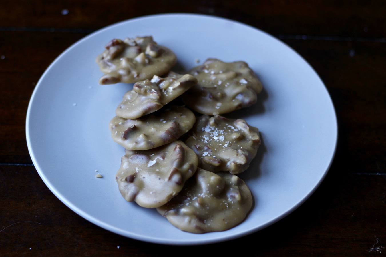 Pecan pralines on a white plate in two rows.