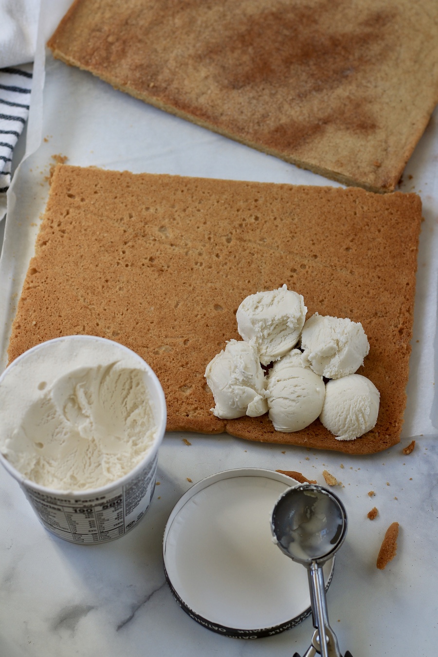 Ice cream in scoops on snickerdoodle cookie base.