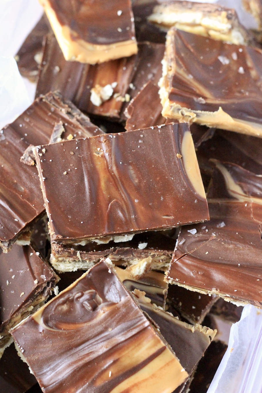 A close up picture of a pile of chocolate peanut butter toffee.