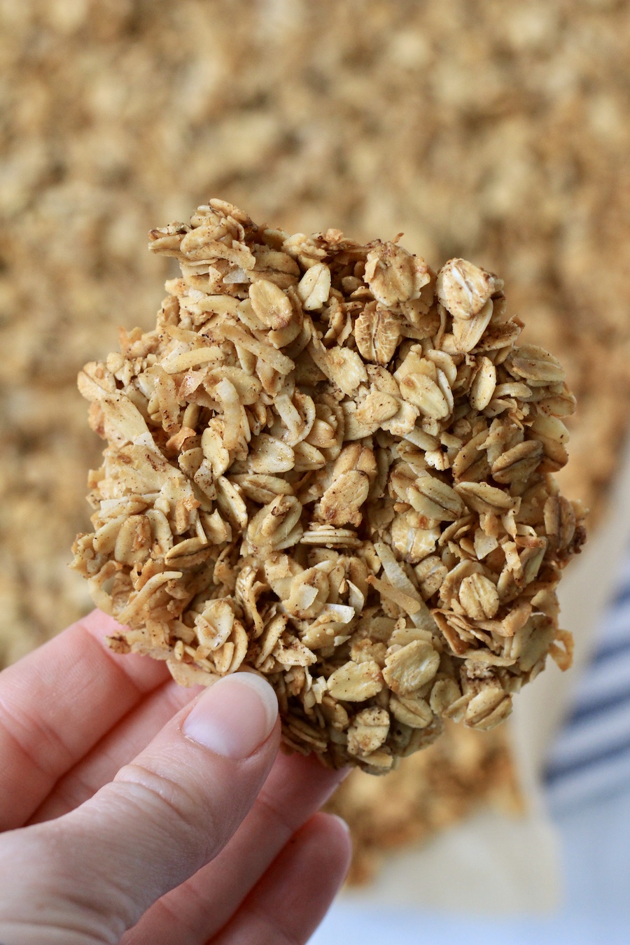 A hand holding a chunk of coconut granola in front of the other granola.