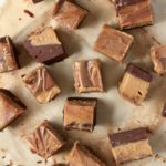 A brown parchment paper with chocolate peanut butter fudge.