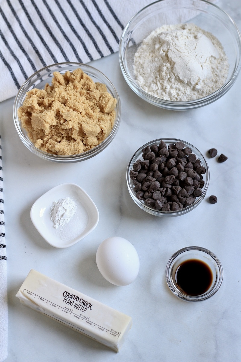 Ingredients for chocolate chip blondies on the counter in individual bowls.