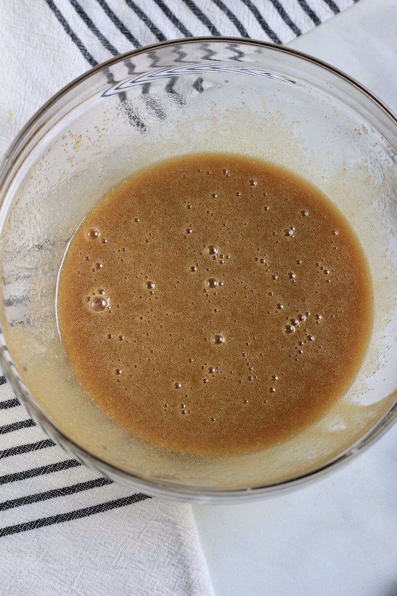 A close up of the sugar mixed in with the plant-based butter.