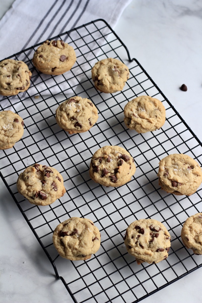 A cooling rack with chocolate chip cookies.