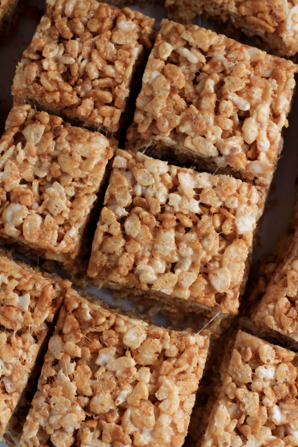 A close up of cookie butter rice krispie treats after being cut.