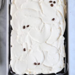 Close up of a Chocolate cake topped with coffee buttercream and some small coffee beans on a white counter.