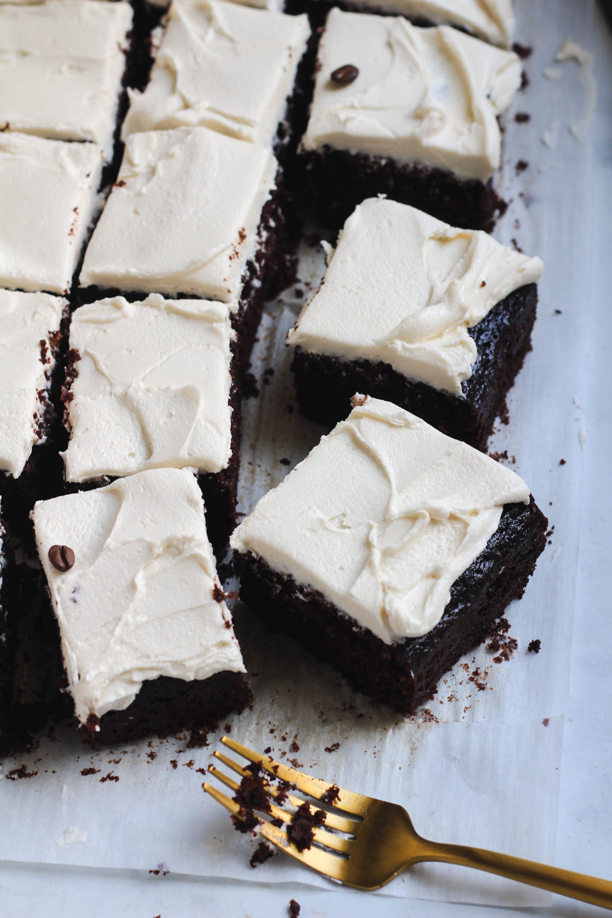 A parchment paper topped with sliced squares of chocolate cake and frosted with coffee buttercream with a gold fork in the front.
