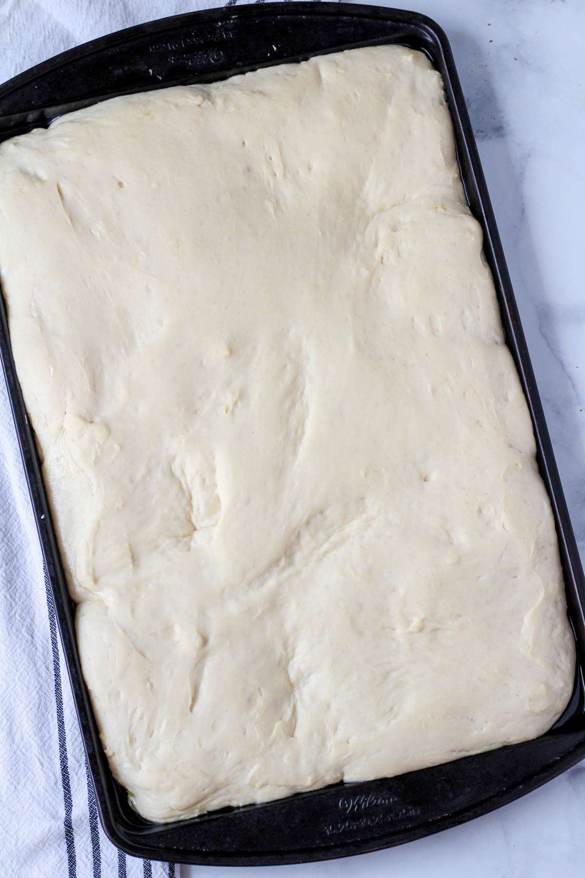 Focaccia dough after rising for 1 hour in a rimmed baking sheet.