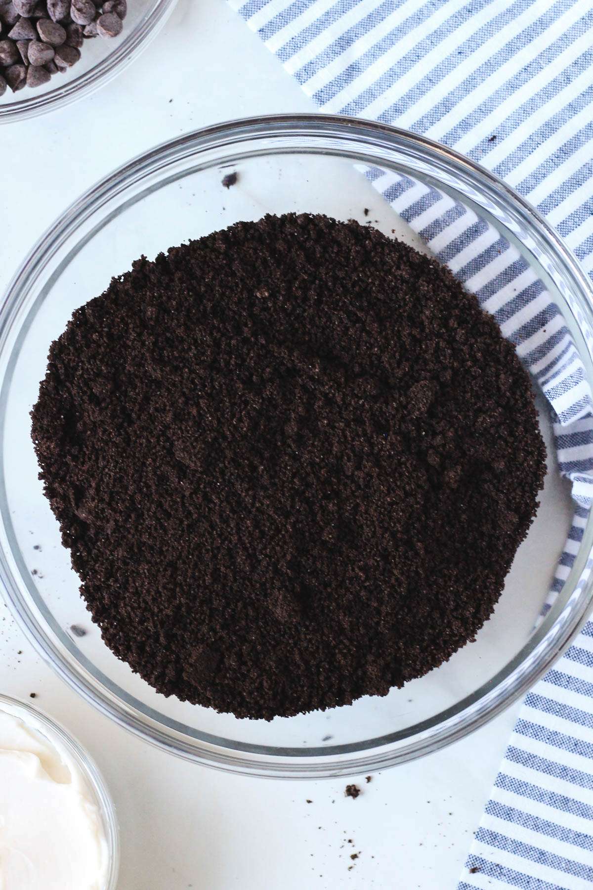 Cookie crumbs in a glass bowl.