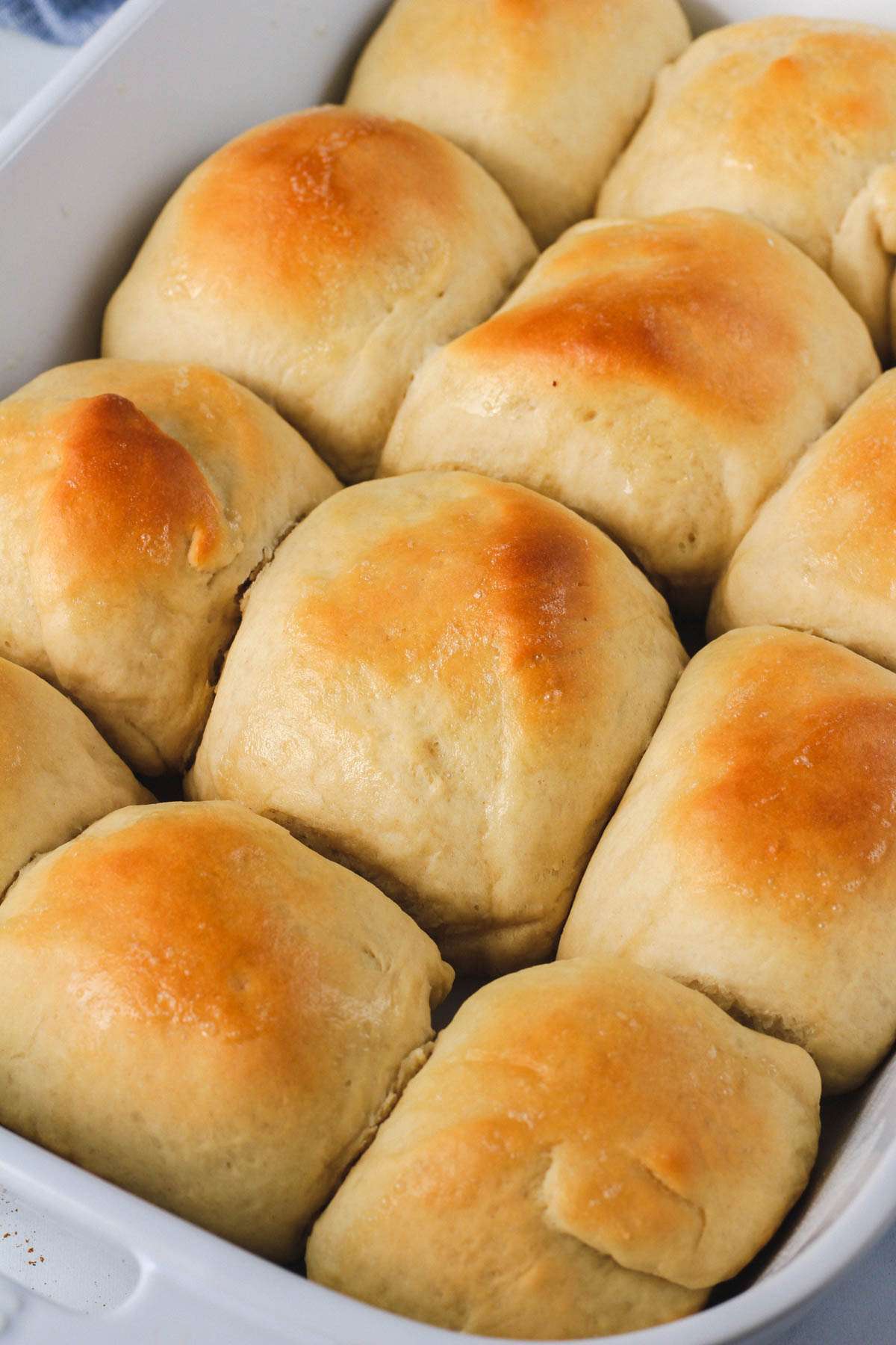 A close up of the golden brown tops of the vegan dinner rolls in a baking dish.