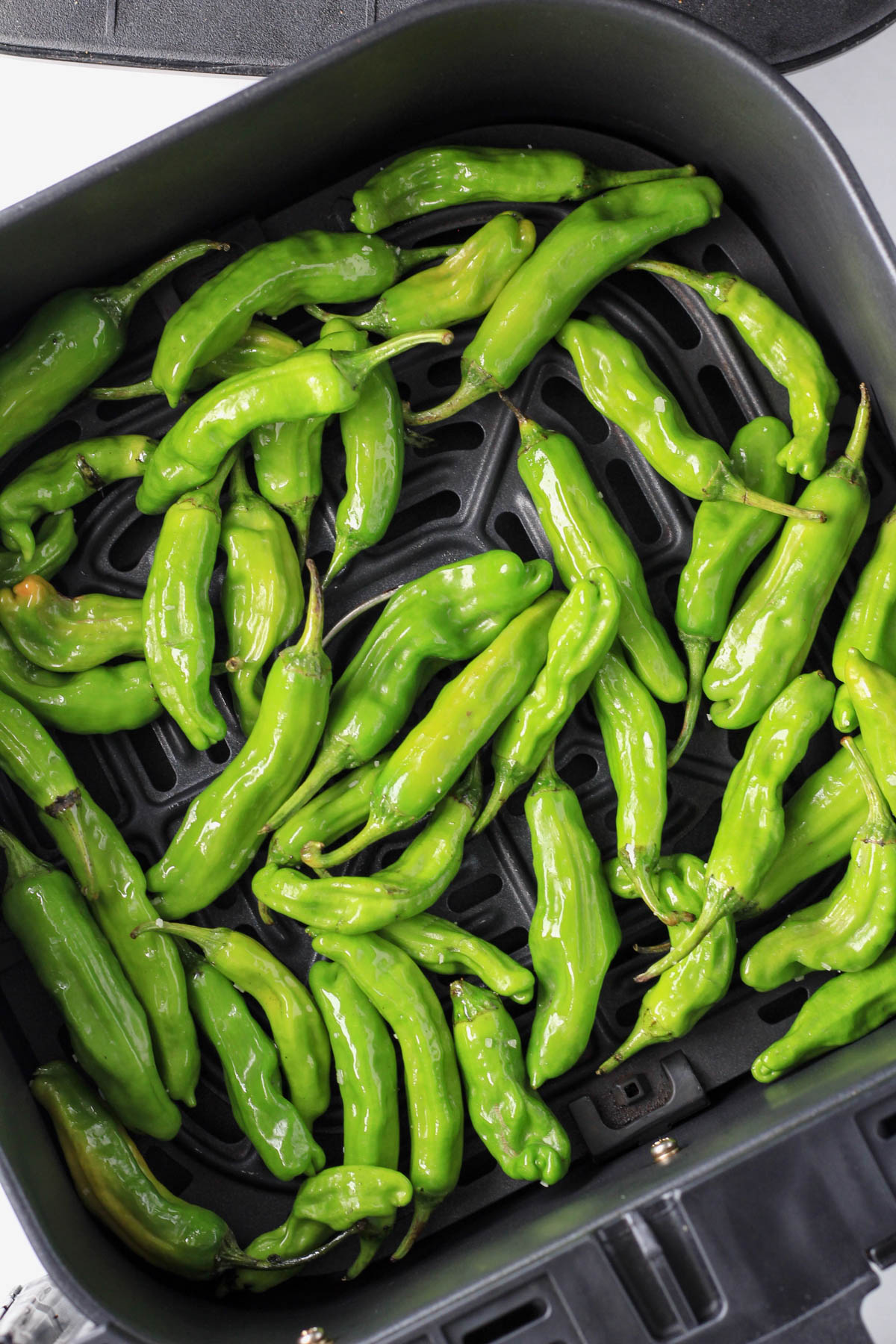 The basket of an air fryer with olive oil and salt topped shishito peppers before cooking.