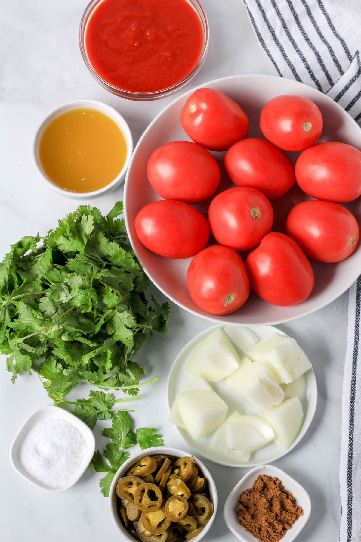 Ingredients for blender salsa on a white counter with a white and blue striped towel to the right.