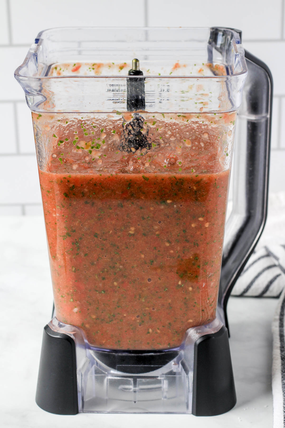 A blender filled with simple salsa.