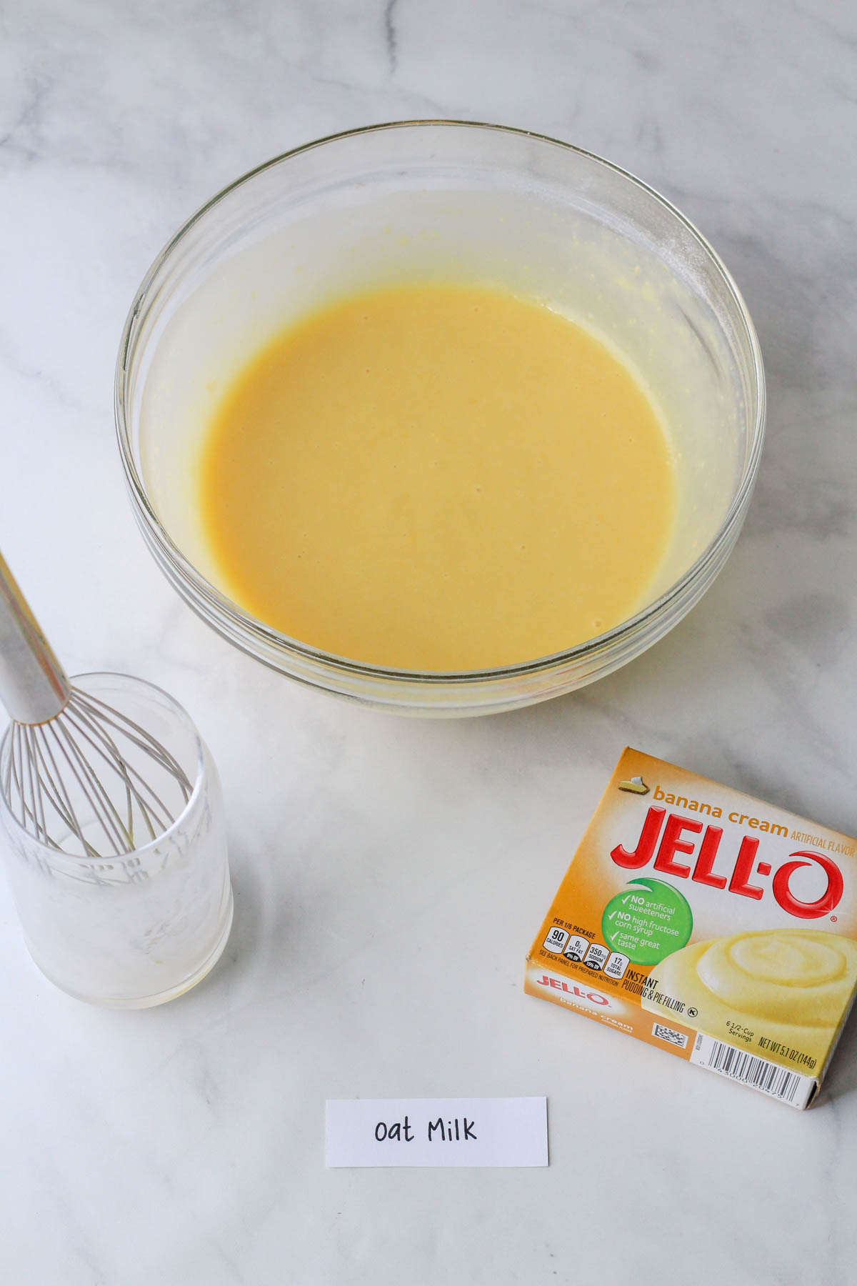 Oat milk whisked into a packet of instant jell-o pudding mix.