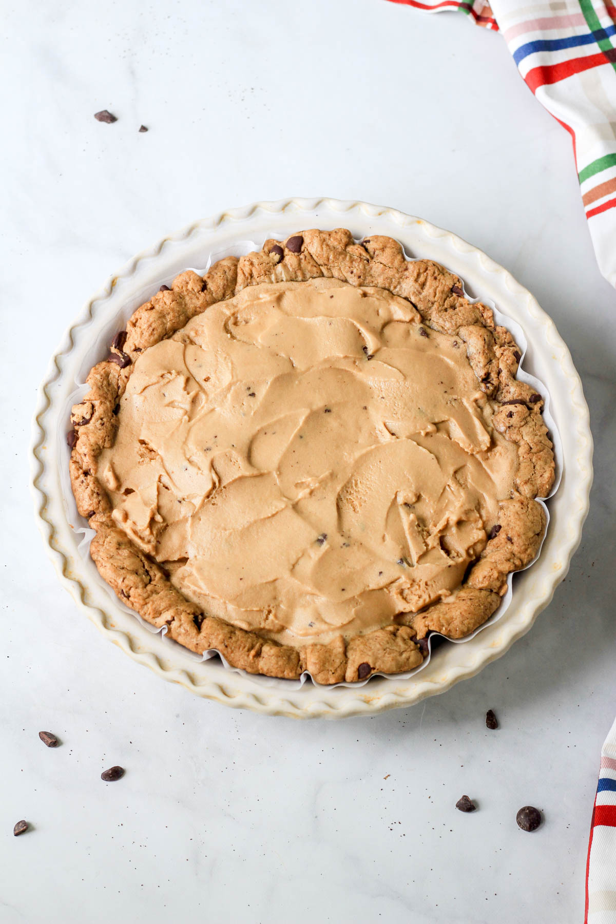Coffee Chip Ice Cream Pie in a pie pan after freezing for 4 hours.
