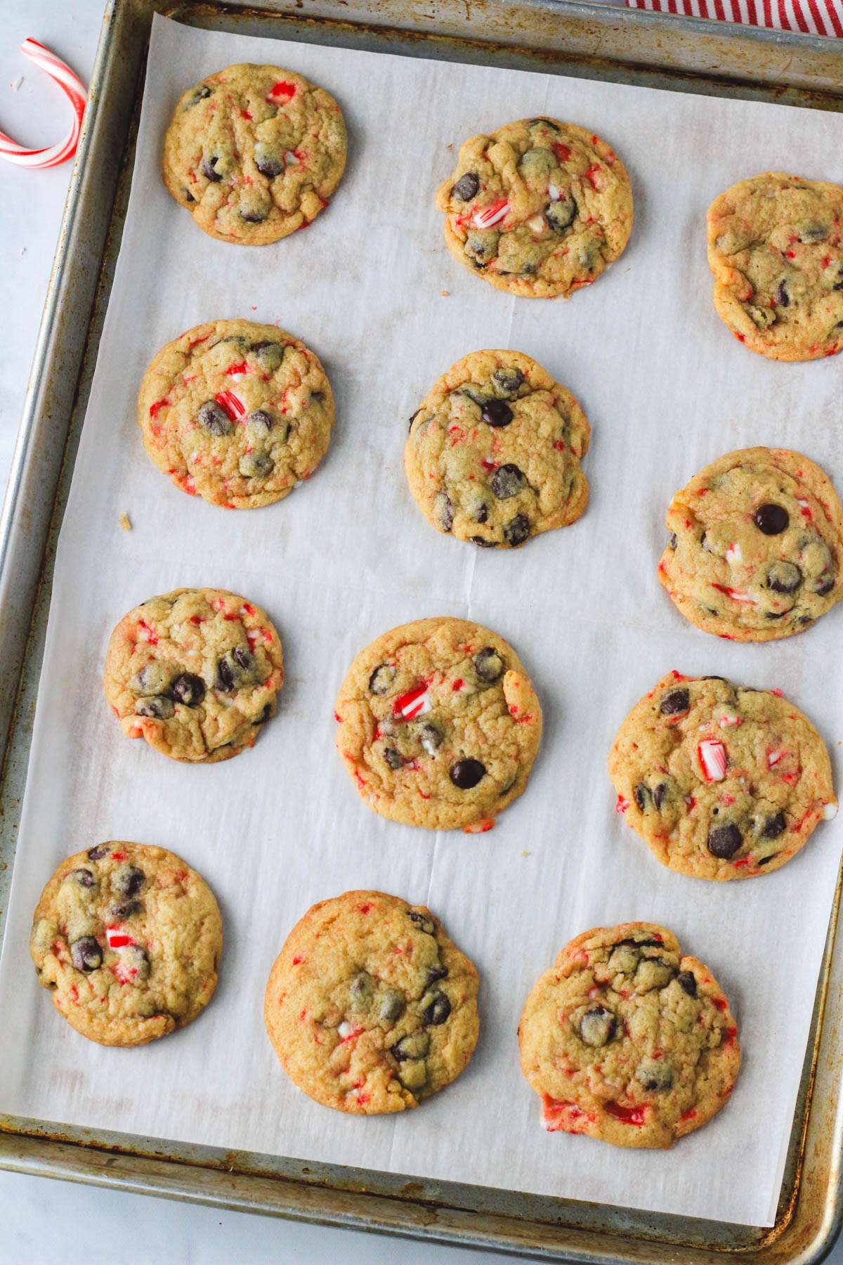 Peppermint chocolate chip cookies on a parchment paper lined baking sheet after baking.
