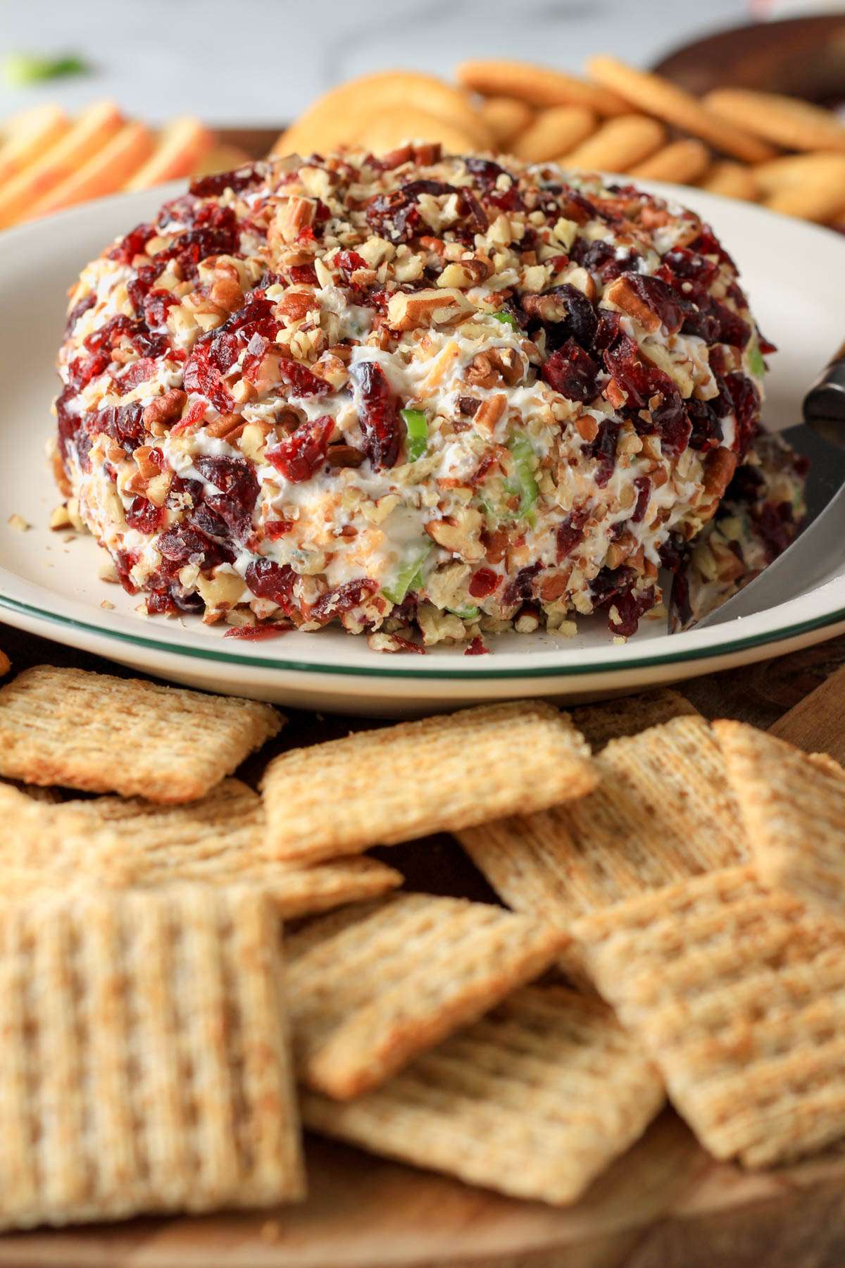 A vegan pecan and cranberry cheese ball on a white and green rimmed plate with crackers in front.