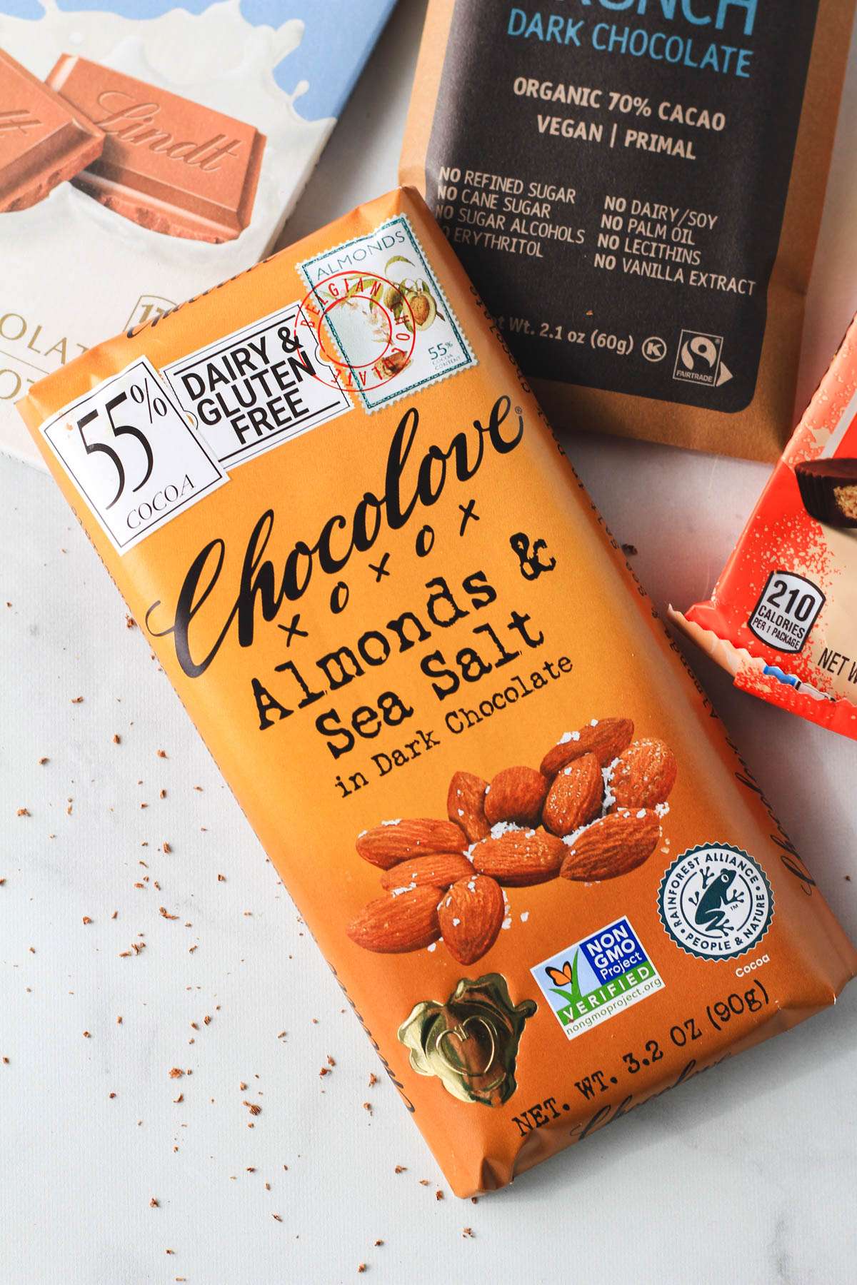 A close up of a bar of chocolove dairy-free and gluten-free chocolate.