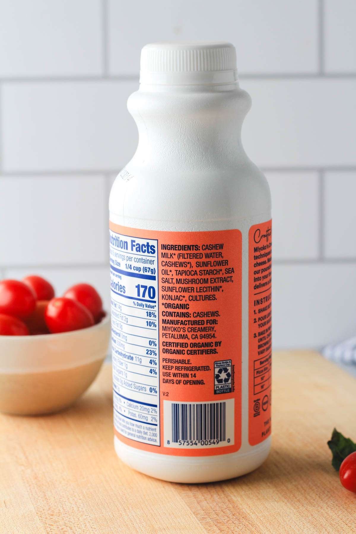 The ingredient label of Miyoko's plant mozzarella.