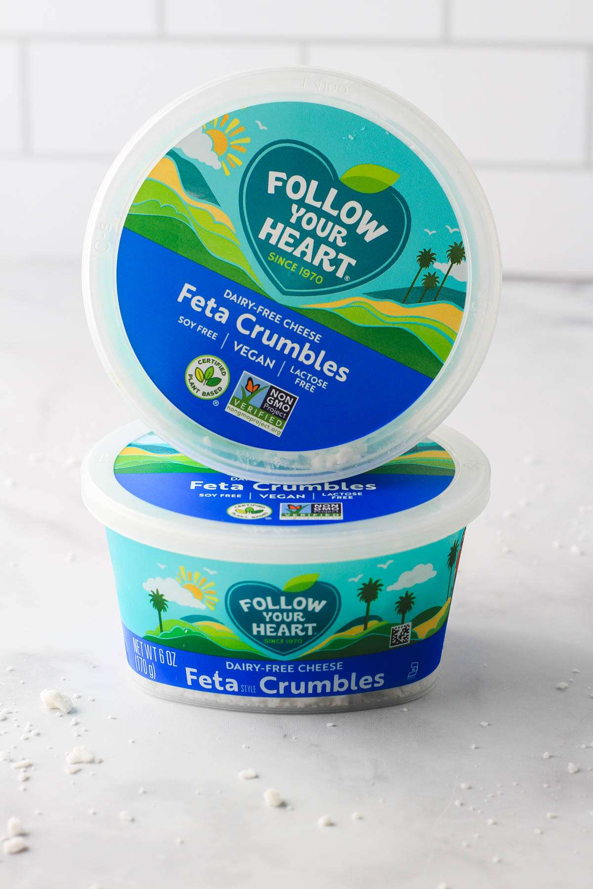 Two containers of Follow Your Heart Feta Cheese for the dairy-free feta cheese review.