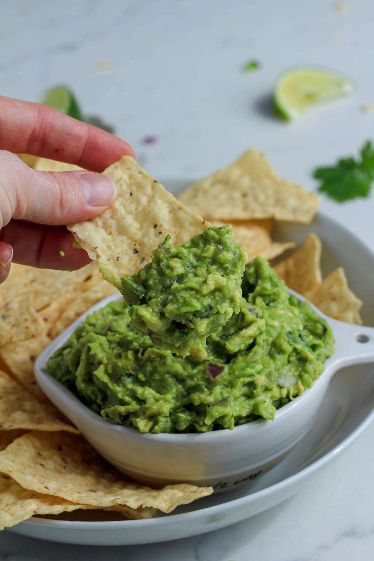 A hand holding a tortilla chip dipped in guacamole from a small white bowl.