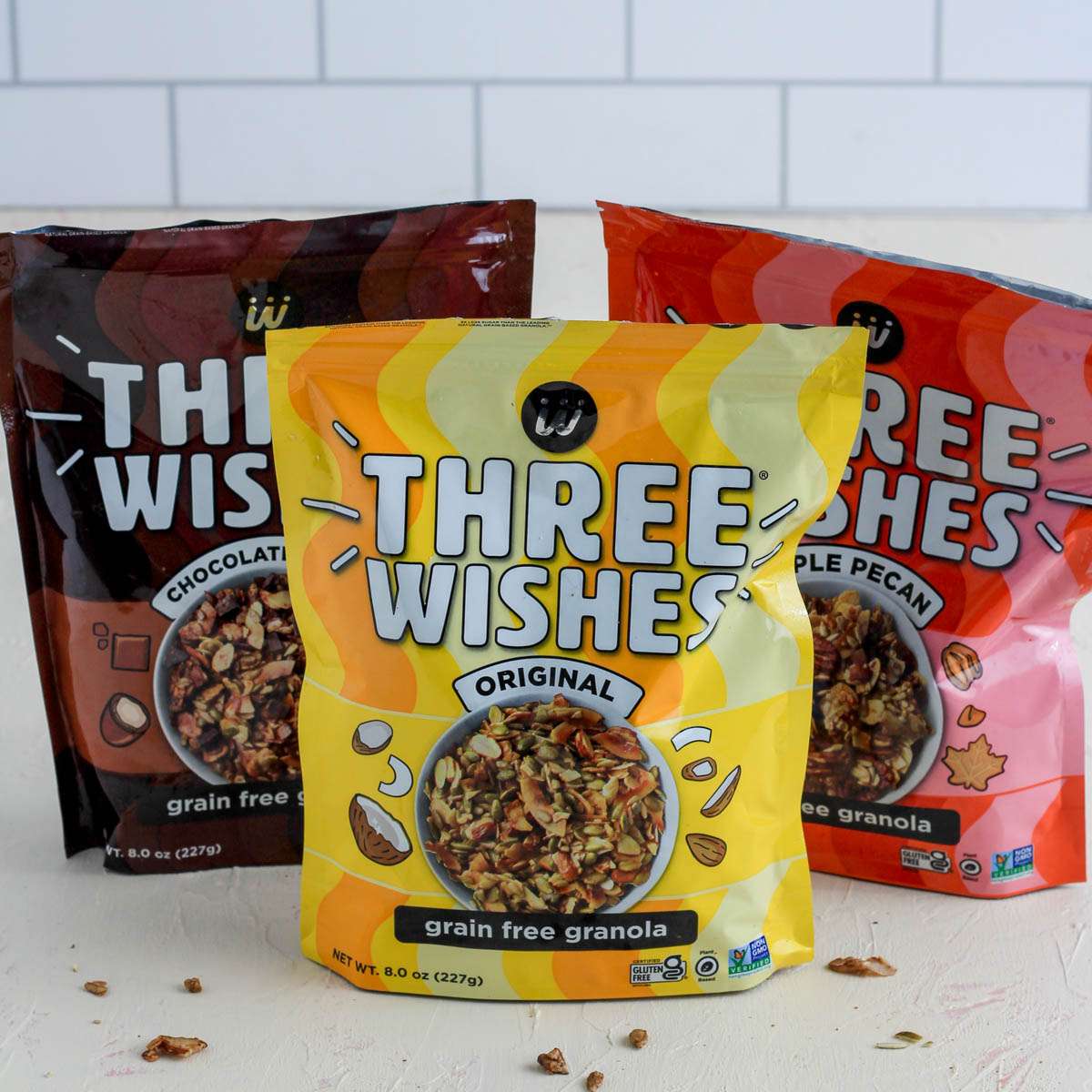 Three wishes grain free granola on a cream counter for a review of the product.