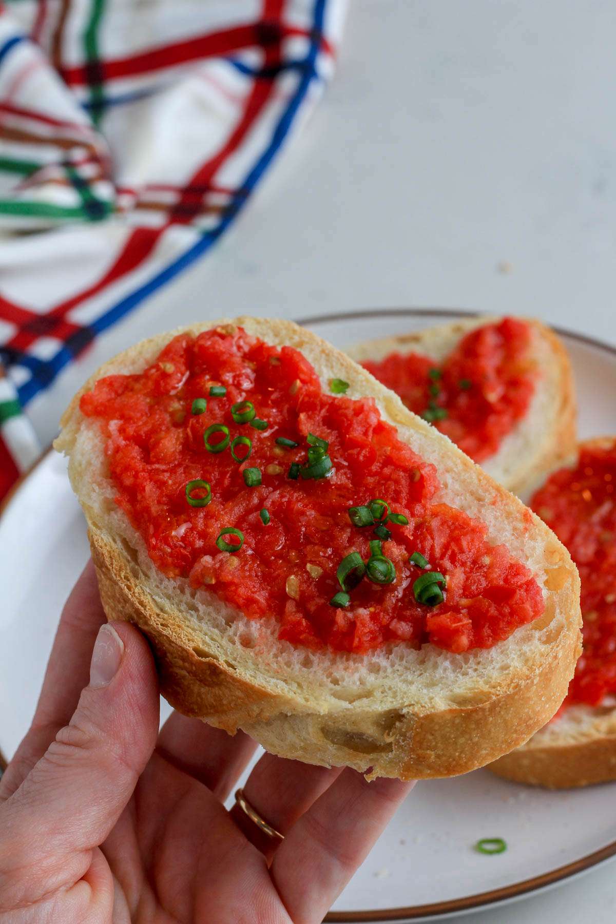 A hand holding a piece of pan con tomate topped with green onion.