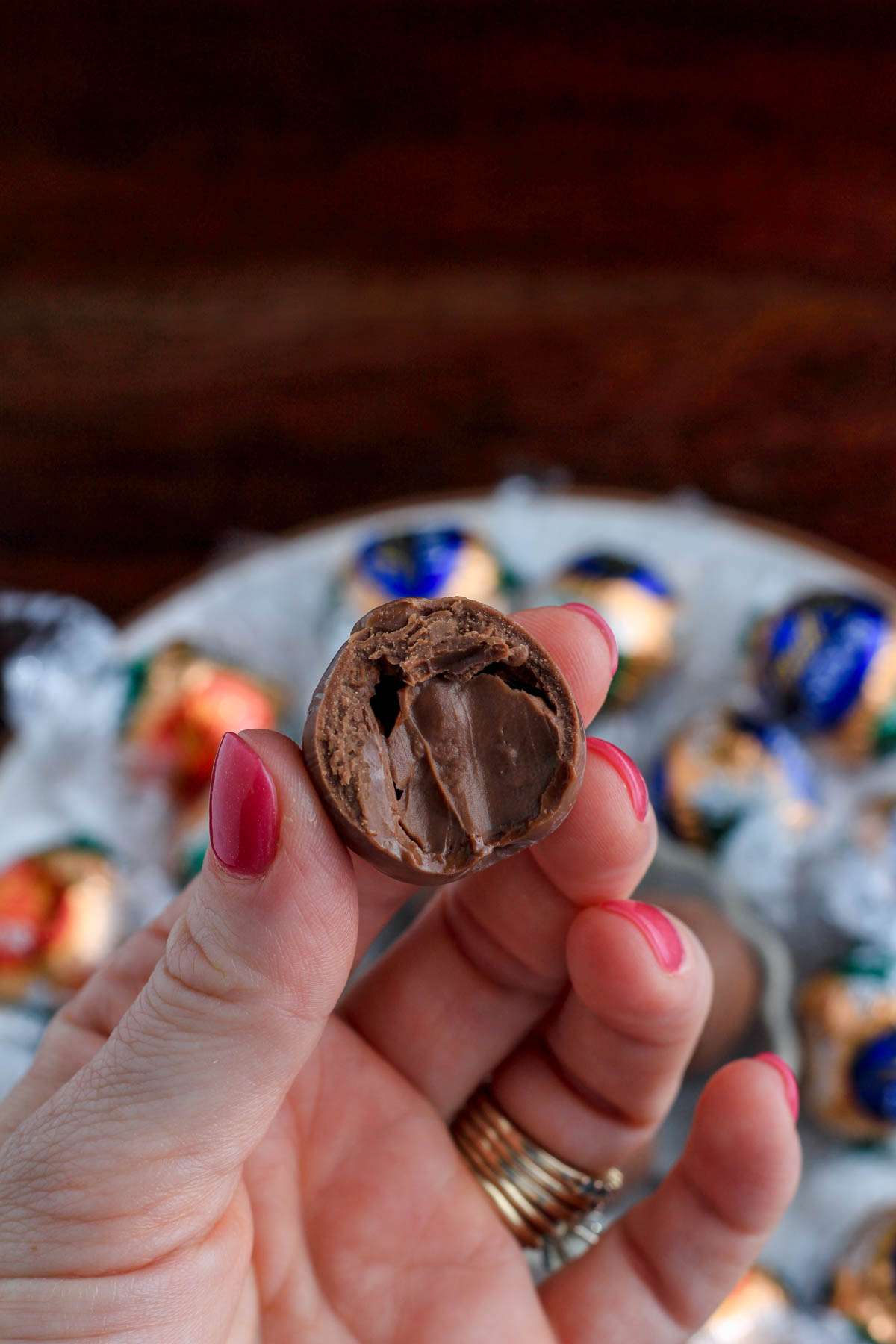 A hand holding a non-dairy chocolate truffle with a bite taken out.