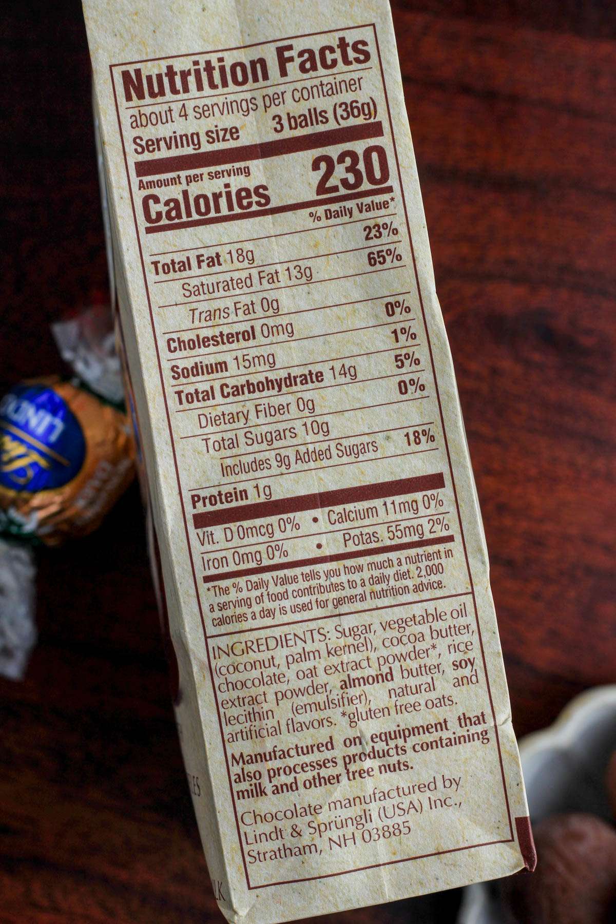 The side of the Lindt truffles bag showing nutritional information.