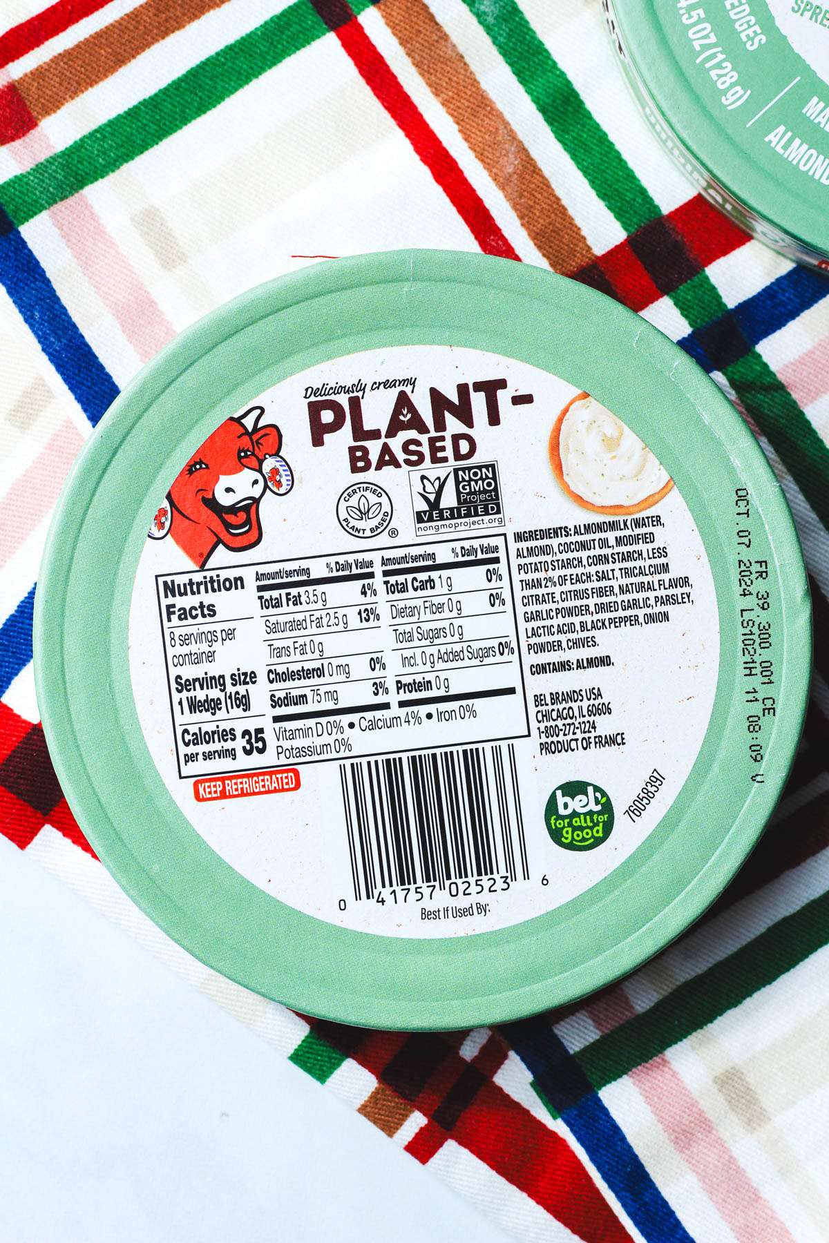 The ingredients label of the laughing cow plant-based cheese wedges.