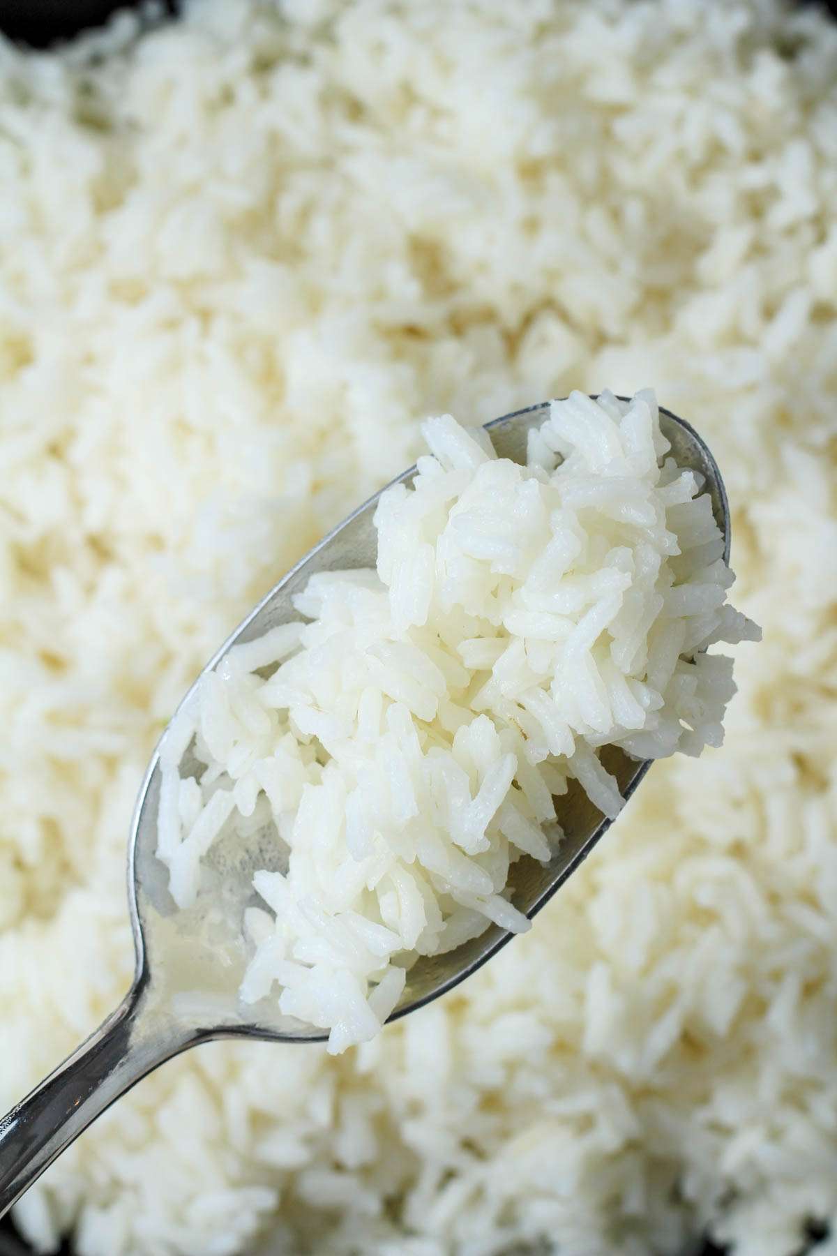 A silver spoon filled with long grain rice hovering over a plate piled with cooked rice.