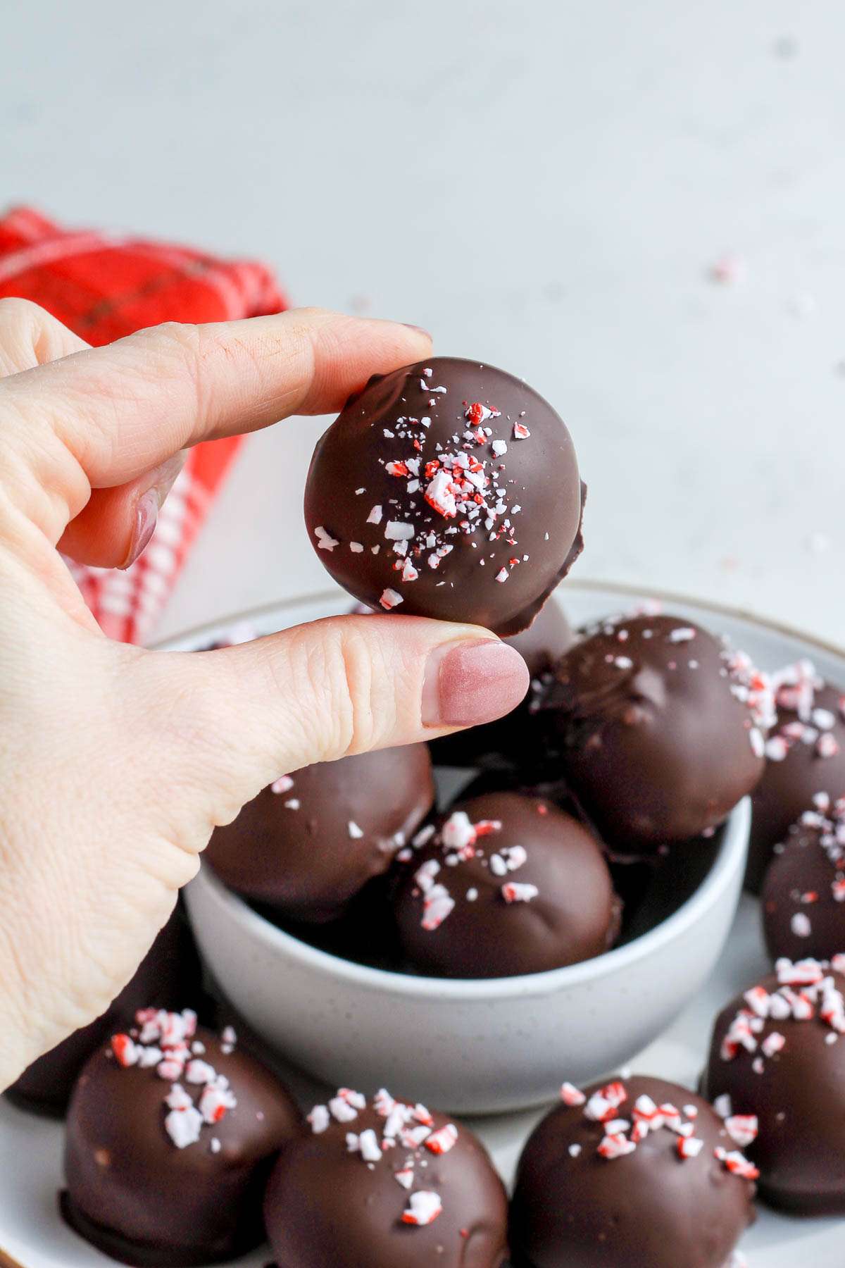 A hand holding a peppermint oreo truffle over a bowl of truffles.