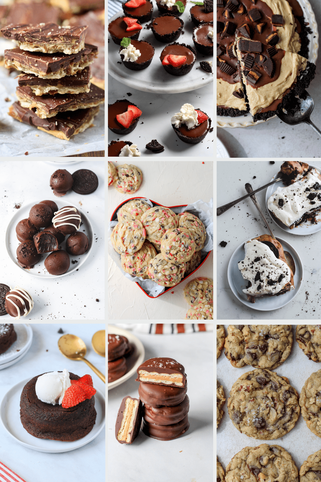 A grid of 9 pictures showcasing dairy-free desserts for valentines day.