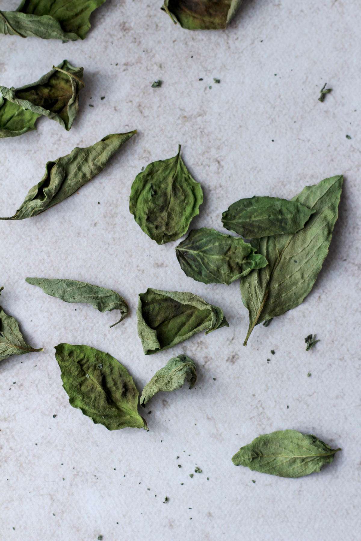 A tan backdrop with dried basil leaves scattered on top.