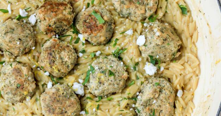 One Pan Ground Turkey Meatballs with Lemon Orzo