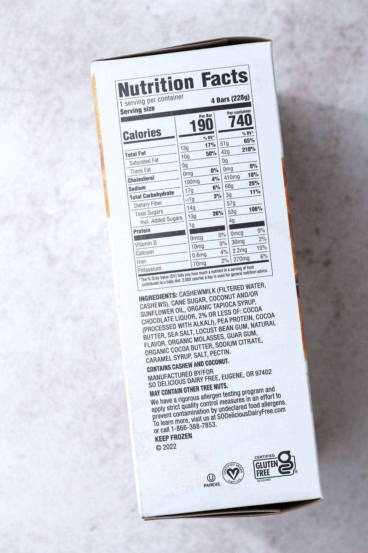 Nutritional information for the salted caramel flavored non dairy ice cream bars.