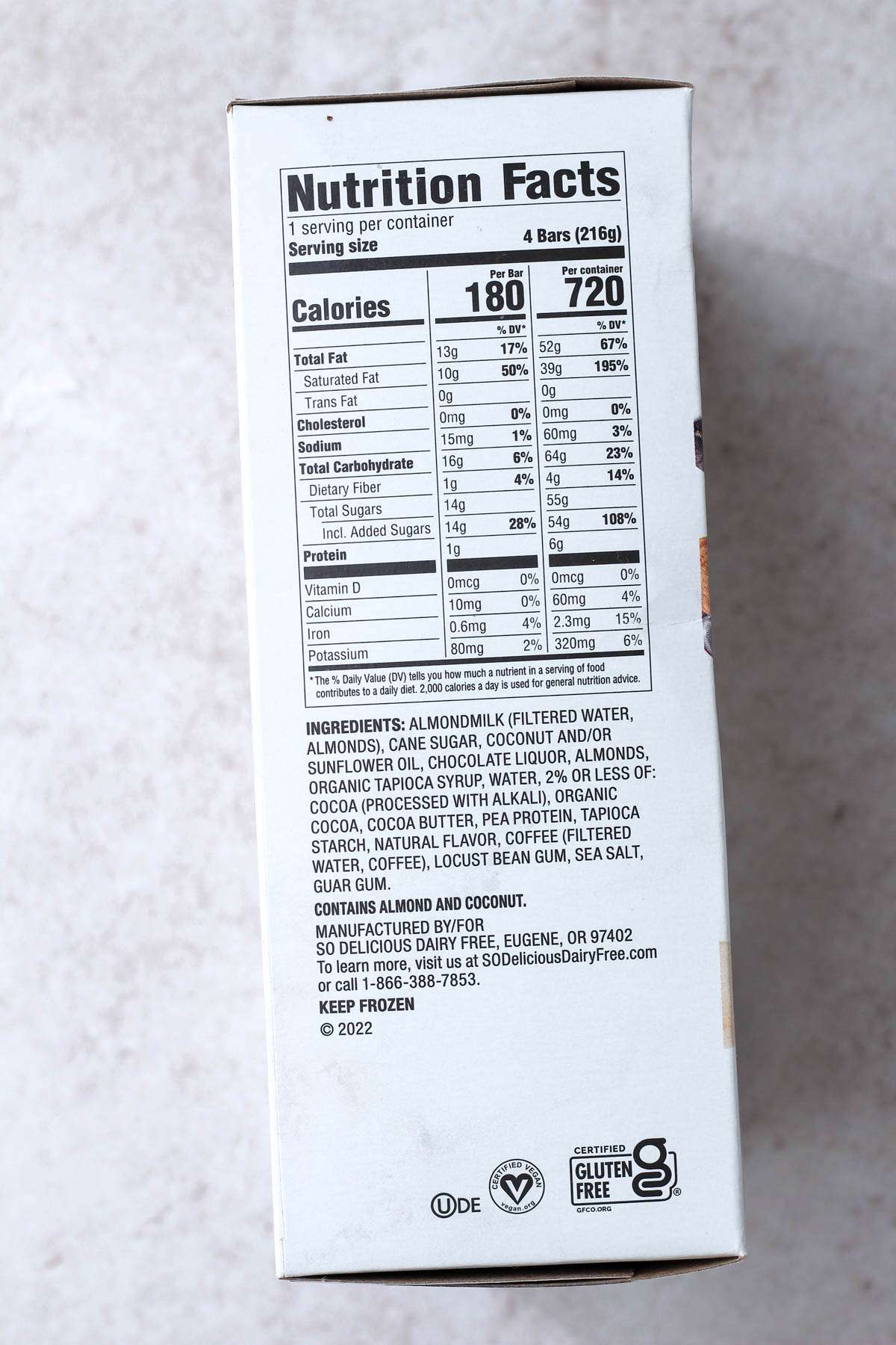 Nutritional information for the mocha almond fudge non-dairy ice cream bars.
