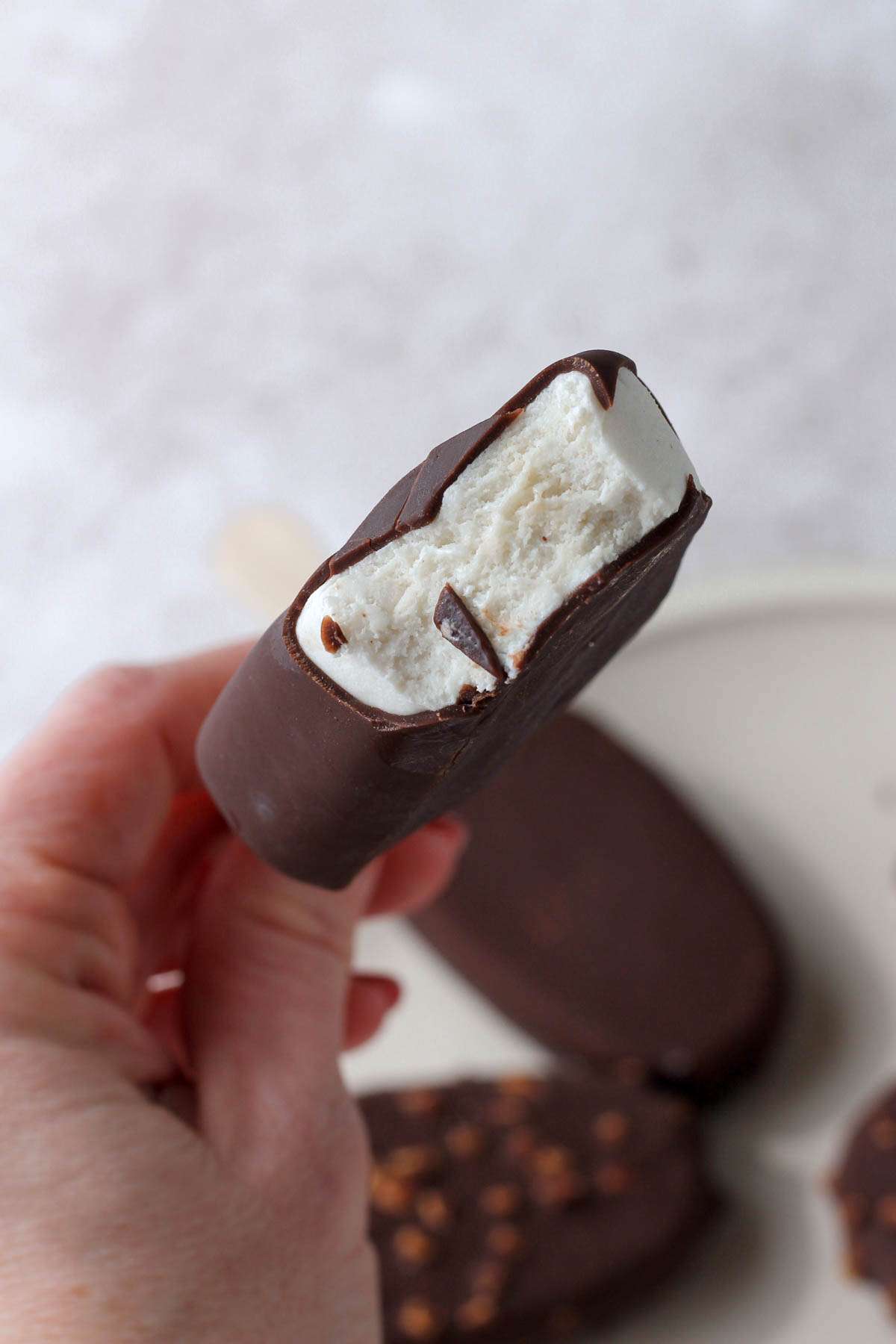 A hand holding a Salted Caramel Cashew Milk dairy-free ice cream bar with a bite taken out.