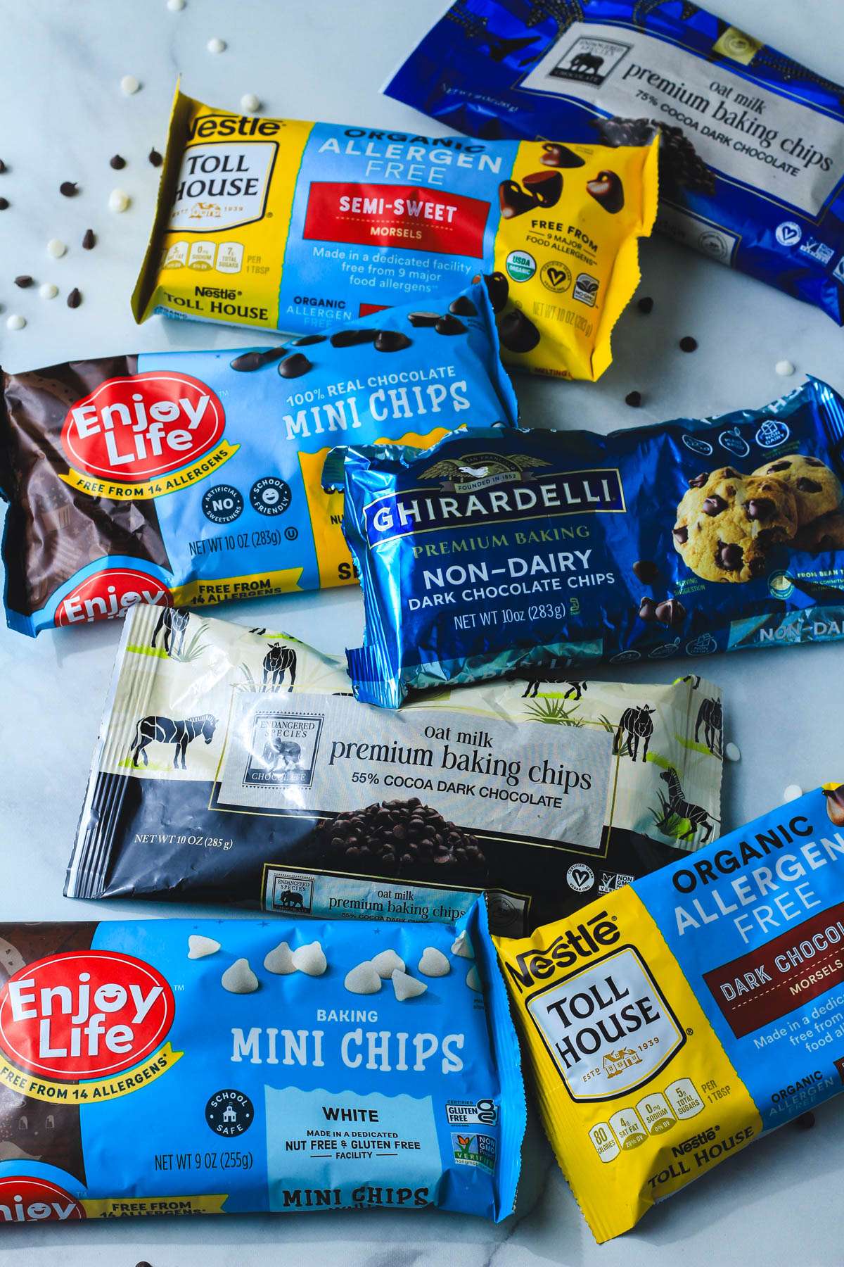 Multiple bags of dairy-free chocolate chips.