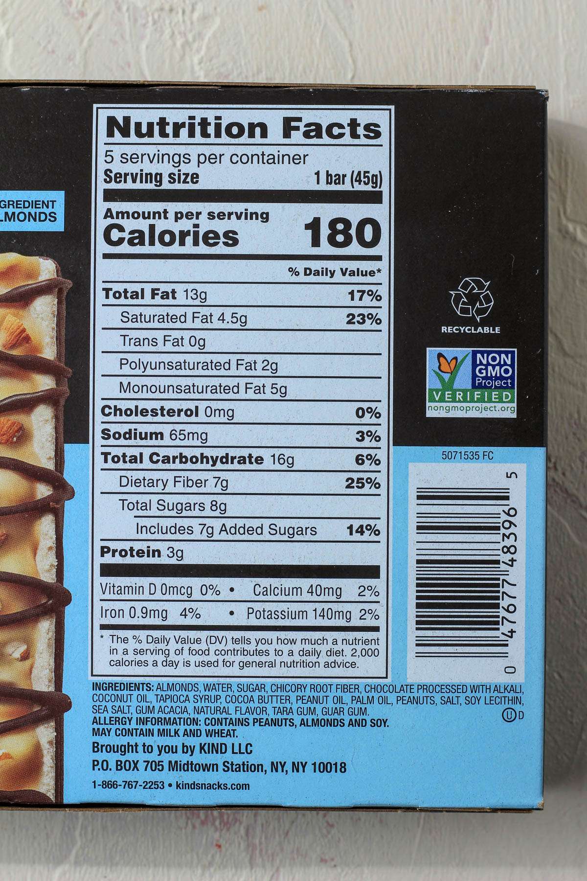The nutritional information for Kind Frozen almond bars.
