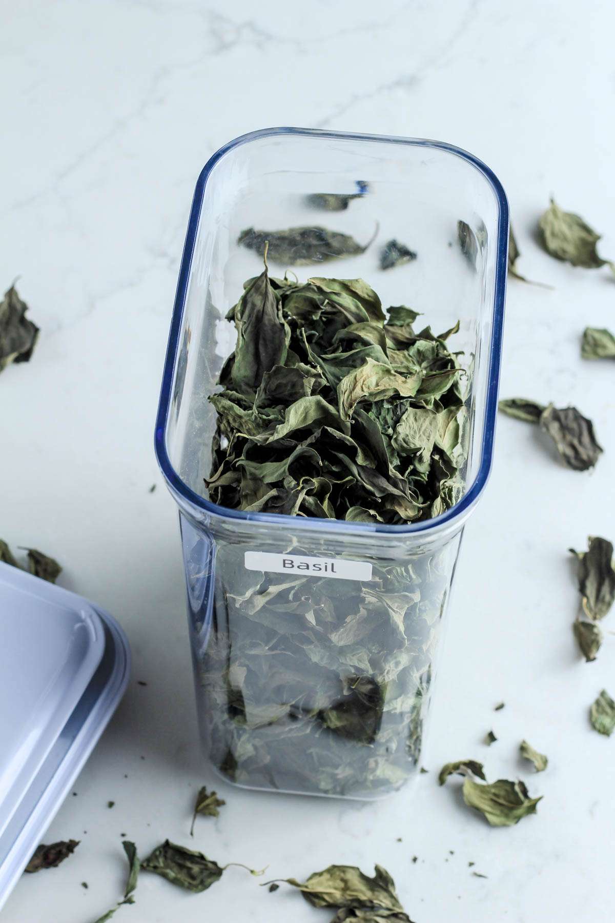 A pop top container filled with dried basil leaves on a white counter.