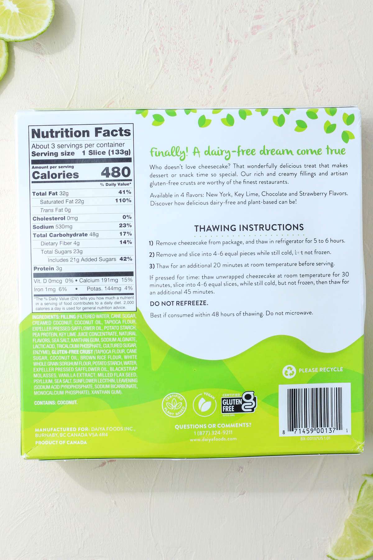 The back of a Daiya Cheezecake box on a cream counter.